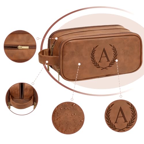 Travel Toiletry Bag For Mens PU Leather Engraved Initials (Yellow Brown I) | Personalized Gifts For Father Husband Groomsmen Birthday Waterproof Dopp Kit Bag Beach Travel Essentials Bathroom Organizer - color: Yellow Brown, style: I