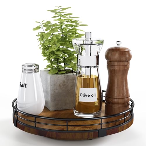 Farmhouse Oak 9" Lazy Susan Turntable Organizer for Cabinet, Round Wooden Lazy Susan Organization and Storage for Dining Table, Pantry, Kitchen, Countertop, Cupboard,Home Decor, Walnut Wood - color: Walnut, size: 9 inches