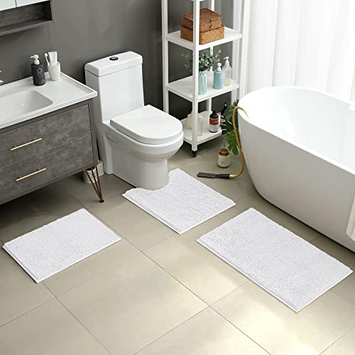 HOMEIDEAS 3 Pieces Bathroom Rugs, Ultra Soft Non Slip Absorbent Chenille Toilet Bath Mat Set (White) - color: White-white, size: 17"x24"+20"x32"+U Shape 20"x24"