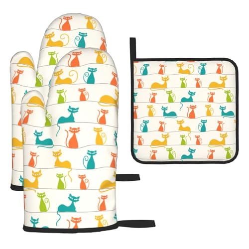 Mid Century Modern Cats Oven Mitts and Pot Holders Set Heat Resistant Cute Oven Gloves for BBQ Baking Grilling Cooks Kitchen Decor 3 Piece - color: Modern Cats