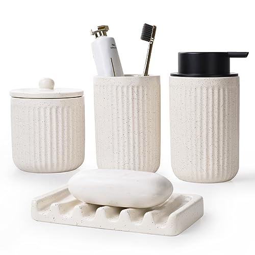 BosilunLife Ceramic Bathroom Accessories Set - Bathroom Counter Soap Set Beige Bathroom Decor Sets Accessories Bathroom Lotion Soap Dispenser and Toothbrush Holder Set, Soap Dish, Apothecary Jars - color: Beige-liquid