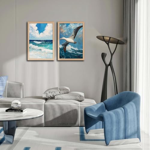 2Pcs Wood Framed Vintage Seascape Wall Art Coast Beach Seagulls Flying Over Waves Poster Canvas Print Modern Seaside Picture Home Decor Painting for Living Room Bedroom Bathroom16x24in - color: Birds Flying Over Waves, size: 16x24 Inches