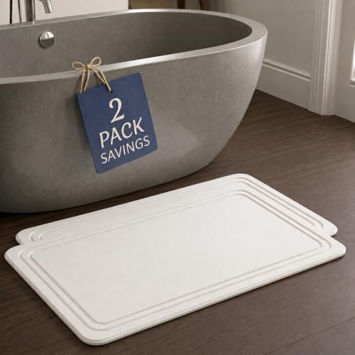 Stone Bath Mat – Diatomaceous Earth Quick Drying Non-Slip Bathroom Mat – Absorbent Diatomite Shower Mat, Durable & Easy to Clean, Modern, 23.6" x 15.3" (2 Pack White - Linea) - color: White - Linea