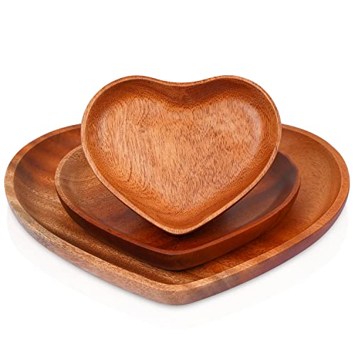 VieWood Heart Wooden Plates Set of 3 Unbreakable Classic Appetizer Plates, Easy Cleaning & Light weight for Dishes Snack, Dessert (Khaya, 4.1" & 6.3" & 8.7") - color: Heart Wood Plates (Set of 3)