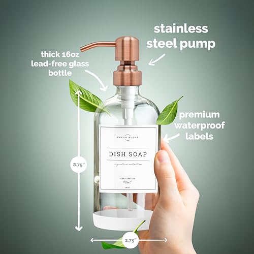 Vine Creations Clear Glass Soap Dispenser, 2 Pack Kitchen Soap Dispenser Set with Stainless Steel Pump, 16 oz Dish Soap and Hand Soap Dispensers for Bathroom with Waterproof Labels - color: Clear Bottle / Copper Pump