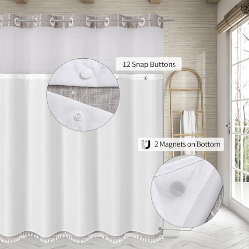 MitoVilla No Hooks Needed Farmhouse Shower Curtain with Snap-in Liner - with Window & Magnets, Boho Cotton Linen Fabric Shower Curtains with Tassels for Rustic Bathroom Decor, Grey Taupe, 72 x 74 - color: Grey - Win