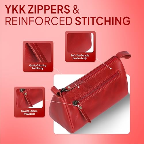 Leather Makeup Bag for Women – Genuine Leather Cosmetic Bag Travel, Handmade Zippered Makeup Pouch, Small Toiletry Bag, Shaving Kit & Stationery Organizer- Red - color: Red