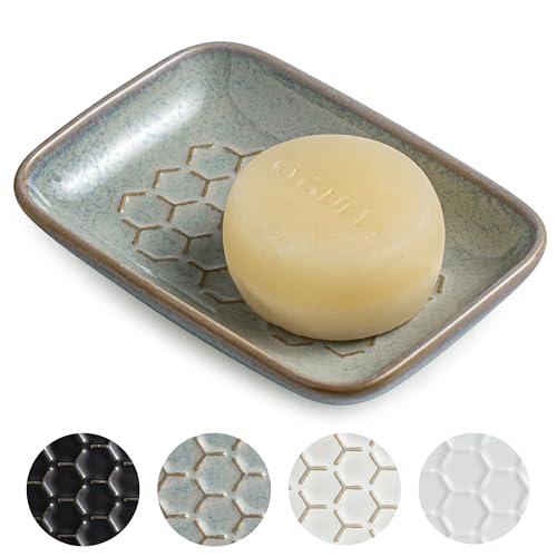 Gomakren Soap Dish for Shower, Ceramic Bar Soap Holder with Honeycomb Design, Father's Day Soap Saver Tray for Bathroom Kitchen Sink, Sponge & Organizer Tray, Upscale Look, 5.5 Inch, Gray - color: Gray, size: Honeycomb