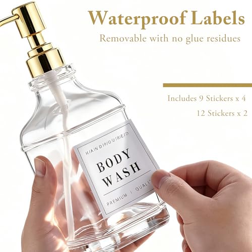 Glass Soap Dispenser with Pump,Tray,Funnel, Countertop Soap and Lotion Dispenser Set of 2 with 60 Stickers, Dish and Hand Soap Dispenser Bottle for Kitchen,Bathroom,Shower,500ml/16.9oz - color: Blk-5070-2g