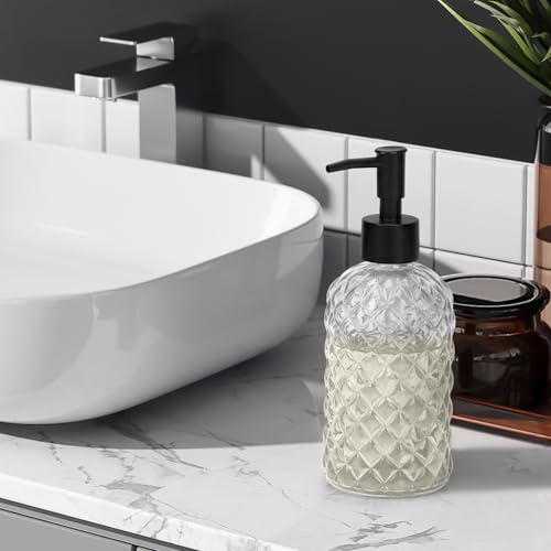 1 Pack 13.5oz Glass Soap Dispenser with Plastic Pump, Diamond Design Refillable Hand Soap Dispenser for Hand Wash, Bathroom and Kitchen (Clear) - color: Clear Transparent