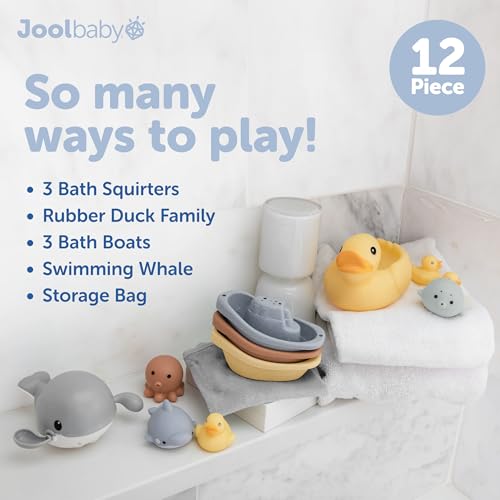 Jool Baby 12-Piece Bath Toy Gift Set with Bath Toy Storage Organizer | Makes a Great Baby Shower Gift – Gift-Ready Packaging – Includes Mesh Storage Bag for Air Drying & Keeping Toys Organized