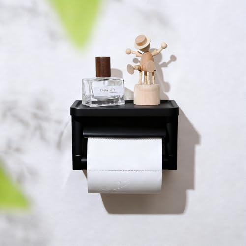 Matte Black Toilet Paper Holder with Shelf - Toilet Paper Cutting Function, Toilet Paper Holder with Phone Shelf for Bathroom Washroom - color: Abs Black&black, size: Single
