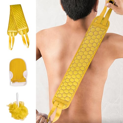 3 Pcs Exfoliating Bath Set with Back Scrubber Strap Shower Glove and Loofah Sponge for Deep Body Cleaning and Full Body Exfoliation(Yellow) - color: Yellow