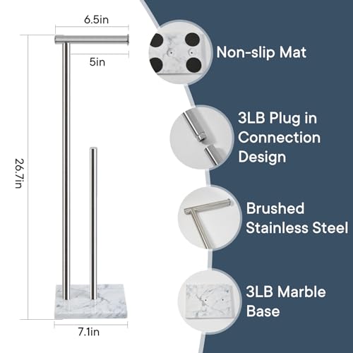 Toilet Paper Holder Stand with Weighted Natural Marble Base, Bathroom Free Standing Toilet Paper Roll Holder with Reserve, Standing Toilet Tissue Holder with Storage (Brushed Nickel, with Storage) - color: Brushed Nickel, size: With Storage