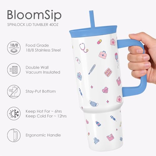 SANDJEST Nurse Stainless Steel Locking Lid Silicone Straw Tumbler with Handle 40oz, Insulated Stainless Steel Travel Cup for Women Girls Friends, Gift Idea for Birthday Christmas Nurse Week - color: Nurse
