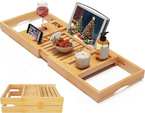 Foldable Bamboo Bathtub Caddy Tray Expandable for Luxury Bath, Bath Accessories & Table with Wine Glass Holder, Book Stand Bathroom Organizer with Extending Sides for Men/Women - color: Natural Bamboo