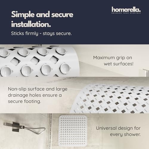 homerella® Shower Mat Non Slip Anti Mold, Non Slip Shower Mats for Inside Shower Stall Anti Slip Mat, Square Shower Floor Mat 21 x 21 in with Suction Cups & Hooks for Quick Drying, Machine Washable - color: White