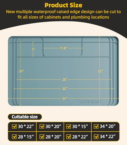 Wohbay Under Sink Mats for Kitchen Waterproof, 34" X 22" Or Smaller Cut to Fit Under Sink Drip Tray for Kitchen Bathroom Cabinets, Silicone Sink Liner Hold Up to 3.3 Gallons Liquid - Teal - color: Teal