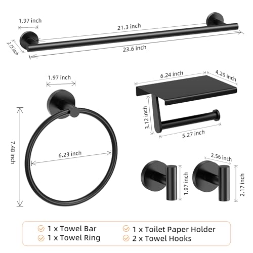 Black 5-Piece Bathroom Hardware Set, 23.6 Inch Towel Bar Set SUS304 Stainless Steel Towel Racks for Bathroom Round Towel Bar, Towel Ring, Toilet Paper Holder, 2 Robe Hooks, Wall Mounted - color: Matte Black