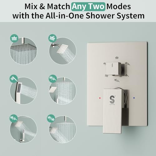 Shower Faucet Set Shower System - SR SUN RISE Brushed Nickel Shower Trim Kit with Dual Shower Head, 12'' Ceiling Rainfall 6'' Wall Mount with Handheld Shower for Couples, Complete 6 Diverter Valve - color: Nickel, size: 12 Inch