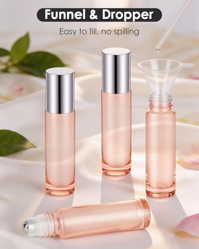 Worldgsb 4 Pack Essential Oil Roller Bottles, 10ml Refillable Glass Roller Bottles with Stainless Steel Roller Balls and Caps for Travel, Perfume and Lip Gloss Rose Gold - color: Rose Gold, style: 4 Pack