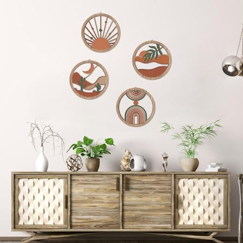 HPNIUB 4 Pcs Boho Wall Art Decor, Bohemian Geometric Hanging Wood Sign for Living Room, Aesthetic Abstract Desert Cactus, Minimalist Farmhouse Botanical Wooden Plaque for Apartment Bedroom(10''x10'') - color: Bohemian geometric