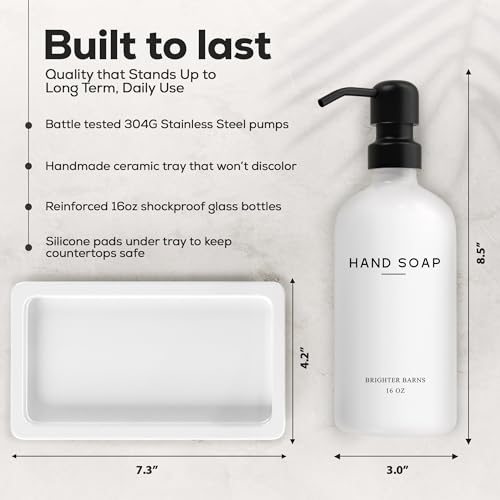 White Glass Soap and Lotion Dispenser Set with Tray by Brighter Barns - Hand Soap Dispenser Bathroom Set & Stainless Steel Pump for Home, Vacation Rental - Modern Bathroom Accessories & Decor (White) - color: White Sl