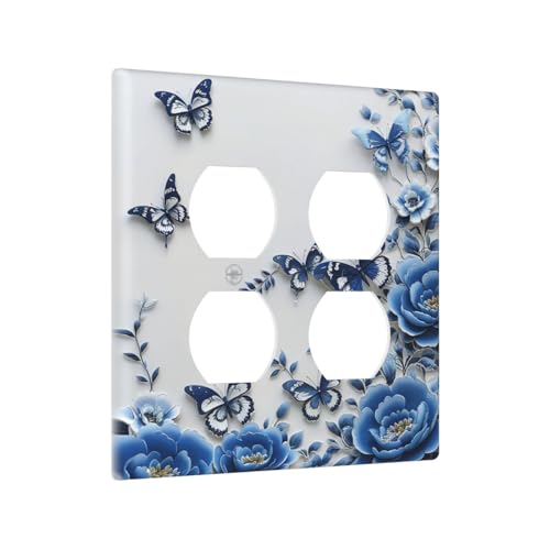 Light Switch Cover Plate Blue Peony Flowers Butterfly Vintage Floral 2 Gang Duplex Outlet Covers GFCI Decorative Switch PlatesWall Plates for Bathroom Bedroom Decor - color: Blue Peony Flowers Butterfly Vintage Floral, size: 2 Gang Duplex - 4.6 x 4.5 IN