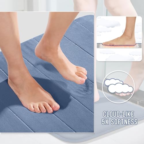 Yimobra U-Shaped Toilet Bath Mat Set 2 Piece - Soft Absorbent Quick Dry Memory Foam Bathroom Rugs, Machine Washable Non Slip Floor Carpet for Tub Shower & Single Sink (17x24 & 24x20, Denim Blue) - color: Denim Blue, size: 24x17+24x20 Inch