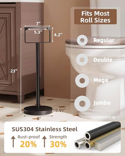 RUACQ Toilet Paper Holder Stand, Floor Toilet Paper Stand with Weighted Base, SUS304 Stainless Steel Bathroom Toilet Paper Holder Free Standing, Heavy Duty (Matte Black, 1 Pack) - color: Matte Black, size: Free Standing