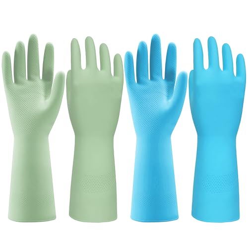 JOR Kitchen Dishwashing Gloves, Durable and Reusable Rubber with Non-Slip Grip, For Household Chores, Multi-purpose Use for Pantry, Bathroom Laundry, Medium, 12-inch Long Cuff, 2 Pairs, Green & Blue