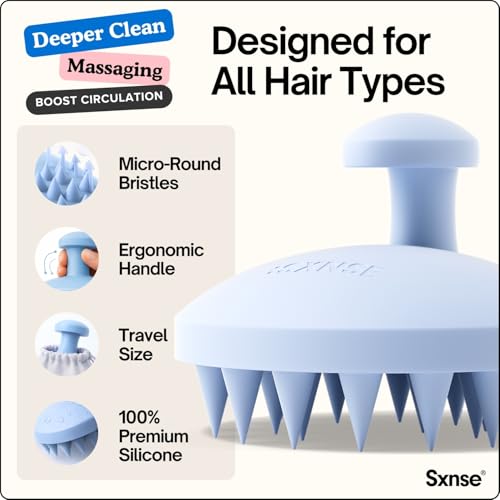 SXNSE - Revive Silicone Scalp Massager, Arctic - Manual Hair & Scalp Scrubber for Dandruff, Buildup, Itch, & Hair Growth - Soft Exfoliating Silicone Bristles for Wet & Dry Hair, Flake-Free Finish - color: Arctic