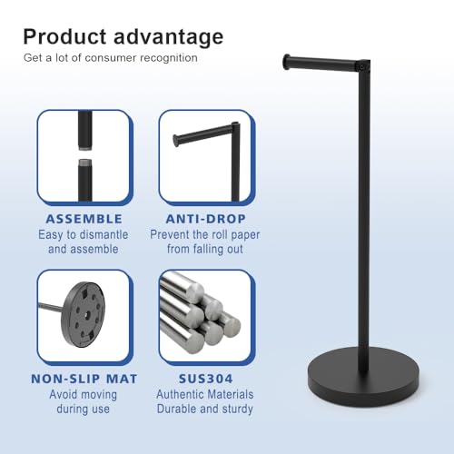 Free Standing Toilet Paper Holder Stand with Weighted Base, SUS304 180 Degree Rotatable Tissue Holder with Shelf, Can Extra Storage 4 Rolls, Black Bathroom Toilet Roll Holder - color: Matte Black