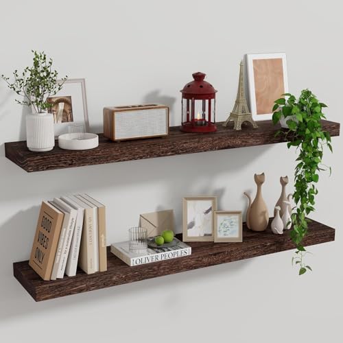 Marsmiles Wood Floating Shelves for Wall Set of 2, 36 Inch Wide Rustic Wooden Floating Shelves, Invisible Wall Mounted Display for Living Room Bedroom Kitchen Bathroom Office, Rustic Brown - color: Rustic Brown, size: 36Inch, Set of 2, (1-2/5"H)