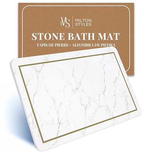 Stone Bath Mat – Super Absorbent Diatomaceous Earth Bath Mat, Quick-Drying Stone Bath Mats for Bathroom, Easy to Clean Bathroom Mat Quick Dry, 24 x 16 inch, White Modern Marble