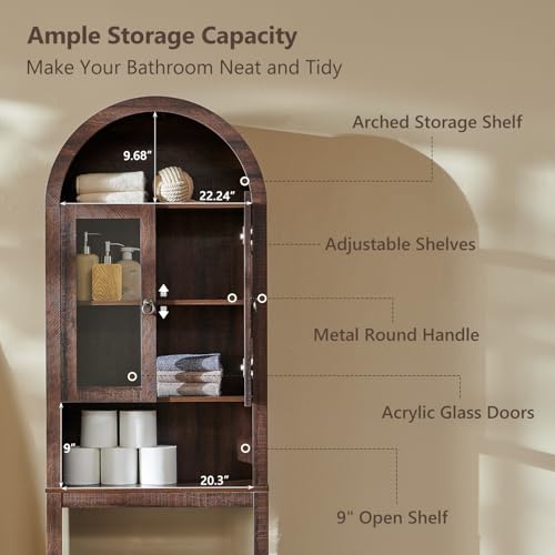 IFGET Arched Over The Toilet Storage Cabinet with Acrylic Doors, Modern Over Toilet Bathroom Organizer Shelf, Small Wooden Bathroom Storage Cabinet with Adjustable Shelf, Space Saver, Dark Walnut - color: Dark Walnut
