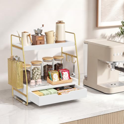 2-Tier Bathroom Counter Organizer with Drawer and Basket, Wood Vanity Countertop Storage for Perfume, Makeup, Skincare, Bathroom Counter Shelf, 13" x 7.9" x 14.5", White Gold - color: White Gold