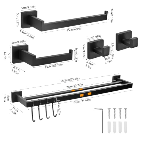 Matte Black 9 Piece Bathroom Hardware Set, 304 Stainless Steel Towel Bar Set with Double Towel Bar, Toilet Paper Holder, Wall Mounted Heavy Duty Rustproof Accessories for Bathroom Kitchen - color: B-24 Matte Black