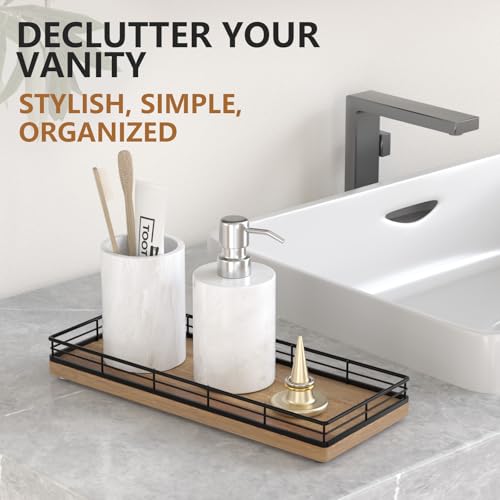 Bathroom Tray for Counter Top Organizer, Acacia Wood Vanity Tray | Metal Frame for Dresser, Kitchen & Nightstand, Black & Acacia Decorative Storage - color: Black & Acacia, size: 11" x 4.5" x 1.5"