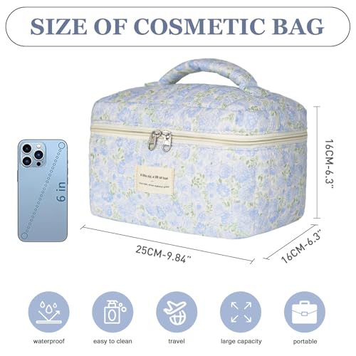 Gosect 1pc Large Makeup Bag, Cute Cosmetic Bag for Women Girls, Floral Coquette Aesthetic Toiletry Bag, Travel Make Up Organizer Bag (Green Leaves Blue Flowers) - color: 027Green Leaves Blue Flowers