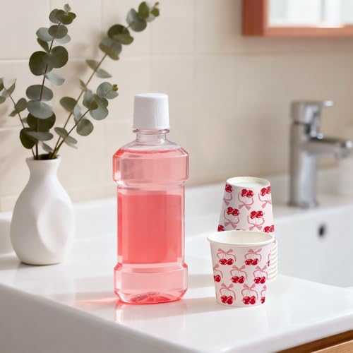 WRAPAHOLIC 3oz Pink Cherry Paper Cups - 100 Pack Disposable Bathroom Cups with Red Bow Cherry Design, Small Mouthwash Cup for Toothbrush Rinse, Home Bathroom, Wedding, Baby Shower and Girls Birthday - color: Red Bow Cherry