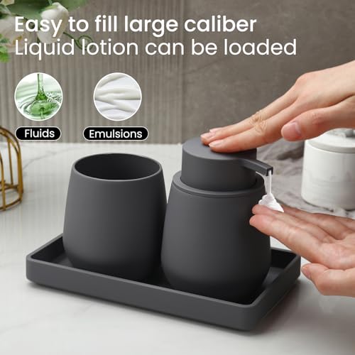Bathroom Accessories Set, Modern 3 Pcs Bathroom Essentials - Soap Dispenser, Toothbrush Holder & Tray, Countertop Vanity Organizer (Gray) - color: Gray