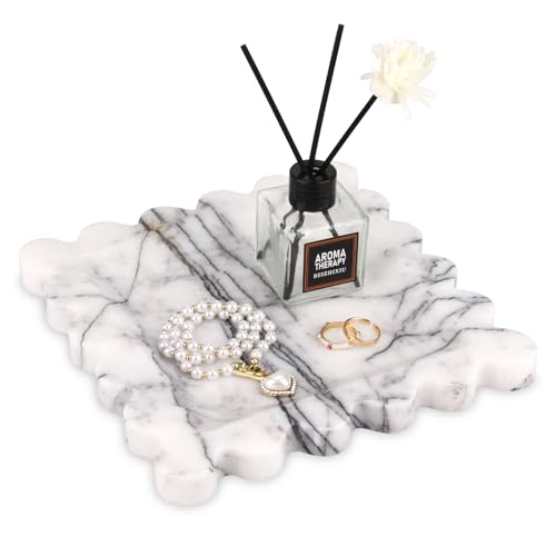 Square Marble Decorative Tray with Scalloped Edge,Luxury Natural Stone Bathroom Vanity Tray, Dresser Top Perfume Coffee Home Kitchen Toilet Sink Tray, Key Trinket Ring (Lilac, 8 * 8) - color: Lilac, size: 8" x 8" x 0.8"