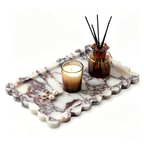 Luxury Natural Scalloped Marble Tray – 11.8 x 7.8-Inch Calacatta Viola Stone Vanity Tray, Elegant Catchall Organizer for Jewelry Perfume Keys, Unique Statement Tray for Bathroom Coffee Table & Dresser - color: Scalloped-calacatta Viola (11.8" X 7.8" X 0.7