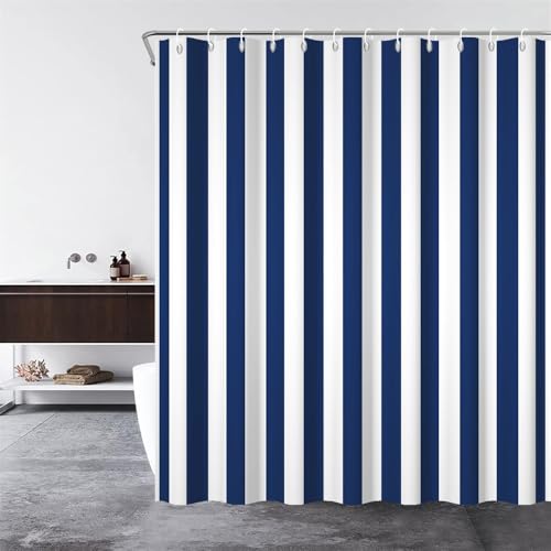 Navy Blue Striped Shower Curtain Sets Decor Blue and White Vertical Stripes Decor Modern Fashion Minimalist Bathroom Curtain for Home Bathtub Stall Decoration Hooks Included,60x72inch - color: Navy Blue, size: 60"W x 72"L (Pack of 1)