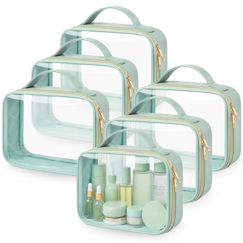 Abbylike 6 Pcs Clear Makeup Bags Bulk 7.9 x 5.9 x 2.4 Inches Quart Size Approved PU Leather Toiletry Bag with Handles Small PVC Clear Travel Cosmetic Case for Women Wedding Bridal Gifts(Green) - color: Green