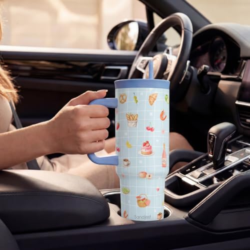 SANDJEST Picnic Stainless Steel Locking Lid Silicone Straw Tumbler with Handle 40oz, Insulated Stainless Steel Travel Cup for Women Girl Friends, Gift Idea for Birthday Christmas - color: Picnic