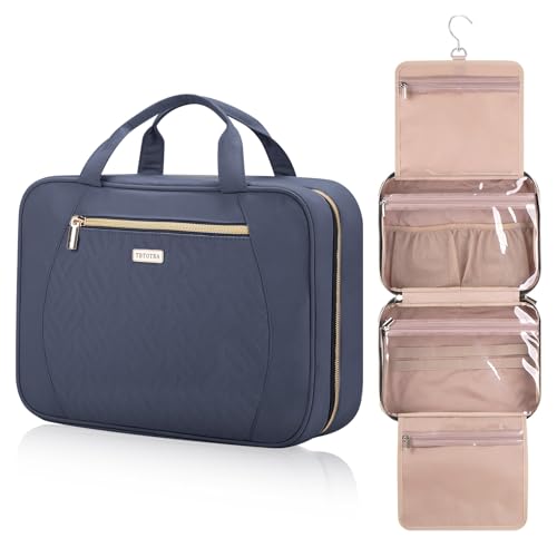 Hanging Toiletry Bag for Women Travel, 2 Sizes Large & Small Waterproof Cosmetic Organizer with 4 Compartments, Rotating Hook, Foldable Pink Travel Bag for Toiletries & Makeup Medium Grey Blue - color: Grey Blue, size: Medium