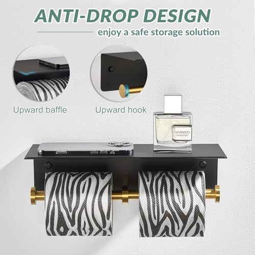 APLusee Double Toilet Paper Holder with Phone Shelf Black & Gold, 304 Stainless Steel Tissue Paper Roll Storage Dispenser, Wall Mounted - color: Black Gold, size: Double Rod