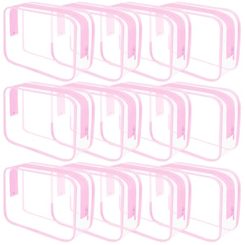 REHALY Clear Toiletry Bag, 12 Pack TSA Approved Toiletry Bag Carry on Travel Accessories Bag, Quart Size Bag for 3-1-1 Liquids Airport Airline Compliant Clear Makeup Bag with Metal Zipper (Pink Bags) - style: Pink Bags